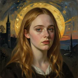 Elle Fanning in the painted world of Edmund Leighton, head and shoulders masterpiece, apocalypse, golden hour, cosmic horror, artstation, in the style of Andrew Wyeth and Edward Hopper and Bosch, extremely detailed