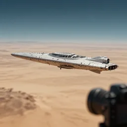a paul chadeisson starship five miles long is hovering over a desert planet, clear focus, bokeh effect, high res, hasselblad, dslr, professional, cinematic