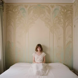 a lonely girl in a liminal hotel room, art nouveau wallpaper, film still by wes anderson, depicted by balthus, limited color palette, very intricate, art nouveau, highly detailed, lights by hopper, soft pastel colors, minimalist