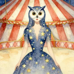 a woman with the face of an owl and a dress made of stars, against a circus ring, illustration, watercolour, by federico fellini