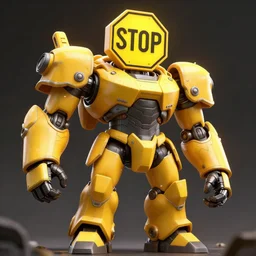 giant yellow road sign armor fighter, wearing a stop sign on its head, character design trending on artstation, mecha, unreal engine 5, octane render, dramatic lighting
