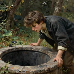 a young man peeking down a well, highly detailed, oil painting, masterpiece, nature, romanticism