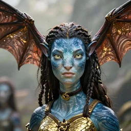 a stunning ultra detailed fantasy fine art portrait photo of a na'vi goddess from avatar movie wearing bat wings on the head, by tom bagshaw, artgerm and anna dittman, arms made of dragon skin, golden ratio composition, deep depth of field, perfect eyes and face, cyberpunk, soft lighting, artstation, 8 k