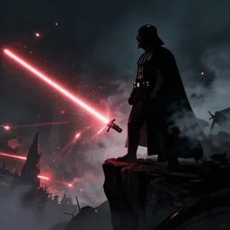 silhouette of darth vader looking down a cliff, large scale battle, laser bullets, dark cinematic lighting, digital illustration, lightsaber, smoke, battlefield