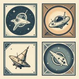 design only! 2 0 5 0 s retro future art golden age of american illustrators designs borders lines decorations space machine. muted colors. by jean - baptiste monge!