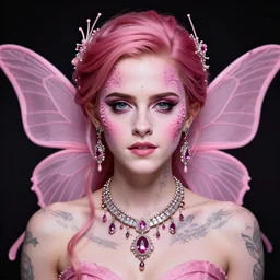 portrait of pink fairy, symmetric, facepaint facepaint facepaint, intricate jewelry, trending on artstation 4 k, high quality, in the style of karol bak and tom bagshaw, bust with face of emma watson, tattoos