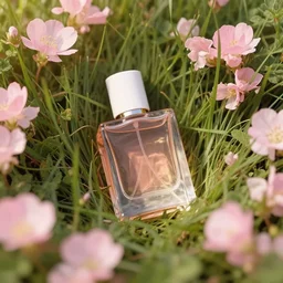 perfume bottle buried in a plethora of grass and pink flowers, birdseyeview, close up shot, surrounded by floral, softly - lit, soft - warm, zen, light, modern minimalist f 2 0 clean
