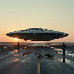 military spaceship on the highway, puddles of water, sunrise, by scott listfield, simon stalenhag and ian mcque, washed colors, grainy
