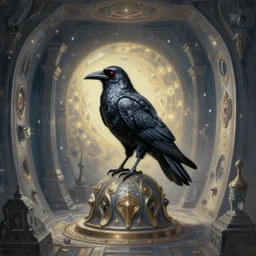 a hyper realistic surreal painting of sorcery that opens up a portal to another twilight zone!!! dimension, giant beautiful magically ordaned raven perched in the center, magic the gathering, dishonored 2, painted by highly detailed by peter mohrbacher, wayne barlowe, boris vallejo, paolo eleuteri serpieri, greg rutkowski, vasnetsov, mucha