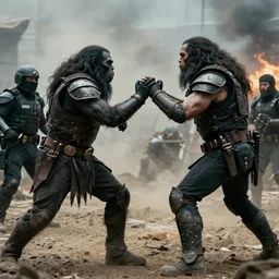 neanderthals fight against an armored cop, cinematic, cinestill, 8 k, 5 5 mm