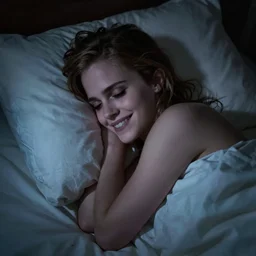 emma watson lying in bed at night waiting for you while smiling shyly, messy hair bedhead, very sleepy and shy, bare shoulders, comforting, covering her body with a white pillow, dim cool lighting