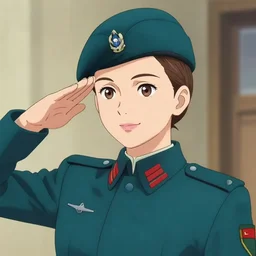 portrait of young woman with light brown hair and hazel eyes dressed in a sharp dark teal military uniform with beret, saluting, smiling, ilya kuvshinov, anime, ross tran