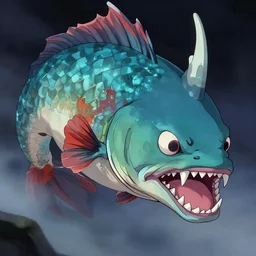 stunning anime art of a fish demon, sharp teeth, concept art