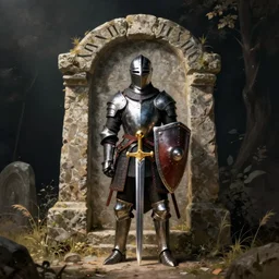 A lone knight in front of a stone tomb with a sturdy shield and shiny sword by nixeu