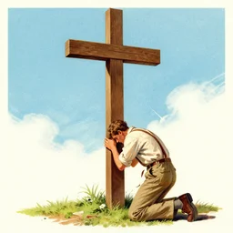 man kneeling at the base of a wooden cross, 1960’s advertising art illustration