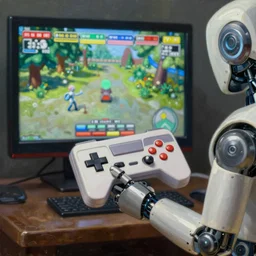 a robot holding a retro game controller in its hand, on screen video game shown in background, intricate details, hyperrealistic oil painting on canvas, deep depth field, hd, hdr, 4 k, 8 k, by gerardo dottori and simon stalenhag, oil on canvas