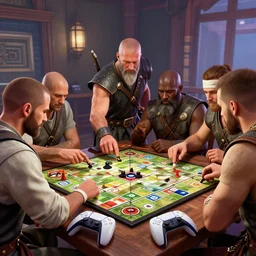 scandinavian viking warriors, playing a boardgame, grand theft auto 5, playstation 5, volumetric lighting, raytracing