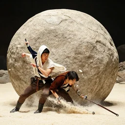 asian indiana jones escaping a giant boulder made of rice
