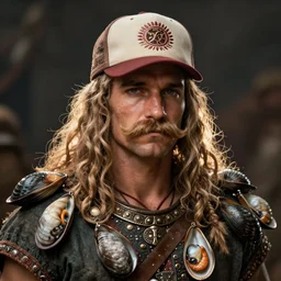 portrait of barbarian no skirt big mussels, warrior with sad eyes and trucker mustache. fantasy art. game character, trending on art station