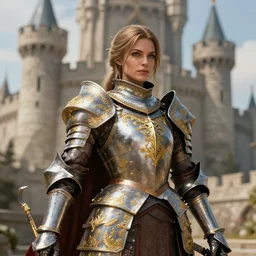 hyper detailed portrait of a female knight posing before a castle | Mark Zug | d&d | hyperrealistic | golden filigrees |