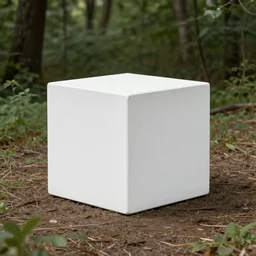 photograph of a white concrete cube sitting in the middle of a forest clearing