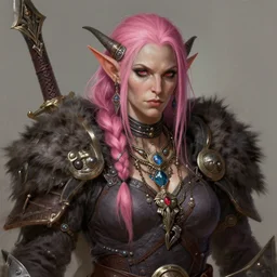 half - orc bouncer with pink streaks in hair, woman, elaborate jewellery, painted by greg rutkowski, detailed portrait, featured in artstation