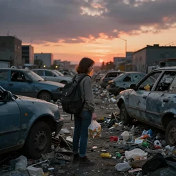 poor detailed girl with backpack standing at cars looking for food at garbage dump, destroyed cars, city is pure wasteland, moody sunset in background, greg rutkowski, alphonse mucha, trending on artstation, artgerm, unreal engine, breathtaking, award winning, highly detailed