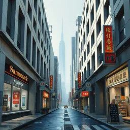 a photograph of a futuristic street scene, brutalist style architecture, straight edges, shop signs, finely detailed oil painting, impasto brush strokes, soft light, 8 k, dramatic composition, dramatic lighting, sharp focus, octane render, masterpiece, by adrian ghenie and jenny saville and zhang jingna