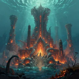 Digital art of an aquatic civilization in the style of Greg Rutkowski. Aquatic city born from the ashes, trending on artstation, 5000 deviantart favorites. World renowned famous artists. Worth1000.net