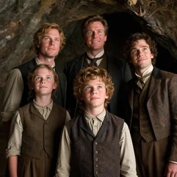 sharp, highly detailed, film from a blockbuster sci fi 4 k color movie, set in 1 8 6 0, family standing in front of a cave, on a alien planet, looking happy, wearing 1 8 5 0 s era clothes, atmospheric lighting, in focus, reflective eyes, 3 5 mm macro lens, live action, nice composition, good photography, real faces