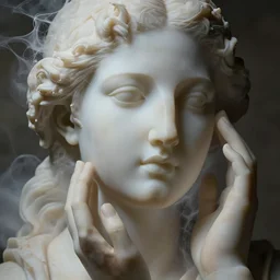 a beautiful face, made in engraved marble, hyper detailed, merging in floating ink, beautiful flow, moody lighting, caressing hands