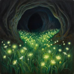 a beautiful painting of a very dark cave filled with a field of glowing flowers, highly detailed, oil on canvas, moebius