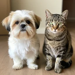 a shih tzu, mixed with tabby cat