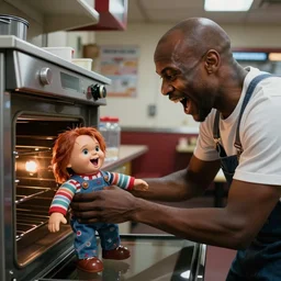 a bald black man screaming while putting a screaming chucky doll in the oven, restaurant security cam footage, high definition
