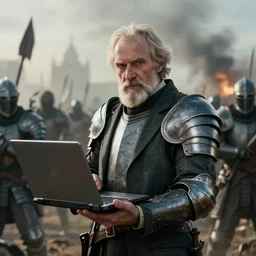 cinematic mid shot artwork of an old man wearing a suit of armor and holding a laptop, surrounded by enemies on the battlefield by greg rutowski, masterpiece, 4k