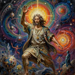 a very a high hyper - detailed painting with complex textures of a man mystic metaphysical poet student of alchemy has a war against his ego and a desire for transcendental knowledge, he is a destroyer of the established material and connoisseur of other two different worlds, psychedelic mystic cosmic surreal conceptual magical realism
