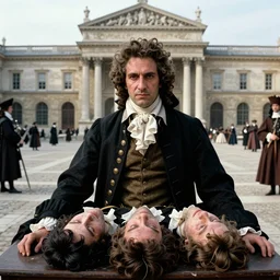 hyper detailed movie still of robespierre bloody heads guillotined, on a great neoclassical square, cinestill 8 0 0 t 3 5 mm, high quality, heavy grain, high detail, cinematic composition, dramatic light, anamorphic, ultra wide lens, hyperrealistic, by josef sudek