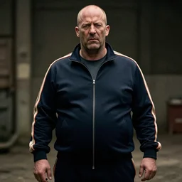 lone overweight jason statham in a track suit, judgmental, in style of jim lee