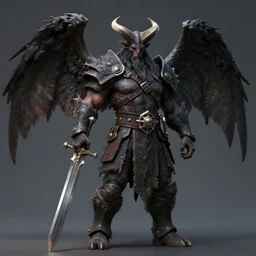 a barbarian male horned darkin with a huge sword and wings, dim light, front game card, marvel comics, dark, intricate, highly detailed, smooth, artstation, digital illustration by ruan jia and mandy jurgens and artgerm and wayne barlowe and greg rutkowski and zdislav beksinski