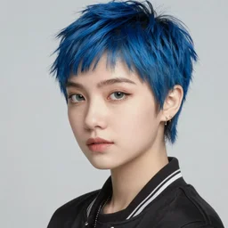 photo of young cute punk woman with blue pixie cut posing, hyper detailed