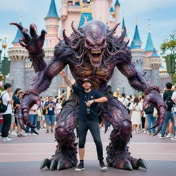 man causing a scene at disneyland as he transforms into a horrifying lovecraftian creature, high resolution photo