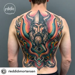 a man with a colorful viking tattoo on his back, a tattoo by richard mortensen, reddit contest winner, primitivism, tattoo, detailed, intricate