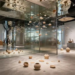 mirror gallery in a museum hall, clay artifacts strewn about, suspended mobiles, chrome walls
