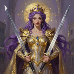 a beautiful realistic painting of queen of swords, goddess of the city, symetric visage, swords in both hands, purple hair, golden ratio, intricate, elegant, highly detailed, digital painting, artstation, 8 k,