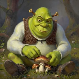 an oil painting of Shrek eating mushrooms from the ground