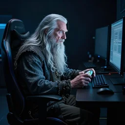 gandalf intensely focused playing xbox, sitting in a gamers chair, face lighted by monitor, blue lighting, dark room, photo by annie leibovitz