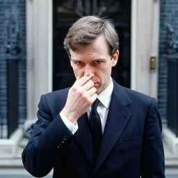 photograph of a british man in a suit rubbing his nose, karen knorr, daido moriyama, analogue photography, downing street