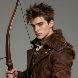 handsome teen archer portrait, steampunk vibes, brown tuffle coat, face details, spiky brown hair, white skin, smug, high fantasy, highly detailed, sharp focus, smooth, digital illustration, by rossdraws, franzzeta, artgerm