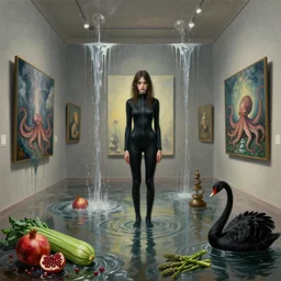 painting of a flooded surrealist art gallery and a tall emo girl wearing a catsuit, art gallery interior, paintings melting and dripping, waterfall, pomegranates, courgette and asparagus, octopus, zen, black swans, berries, 2 0 mm lens, surrealist, by magritte and monet