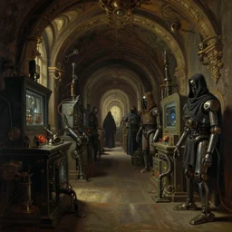 computational tunnels, a tunnel complex full of mechanical computers and hooded robots, dramatic baroque oil painting, chiaroscuro
